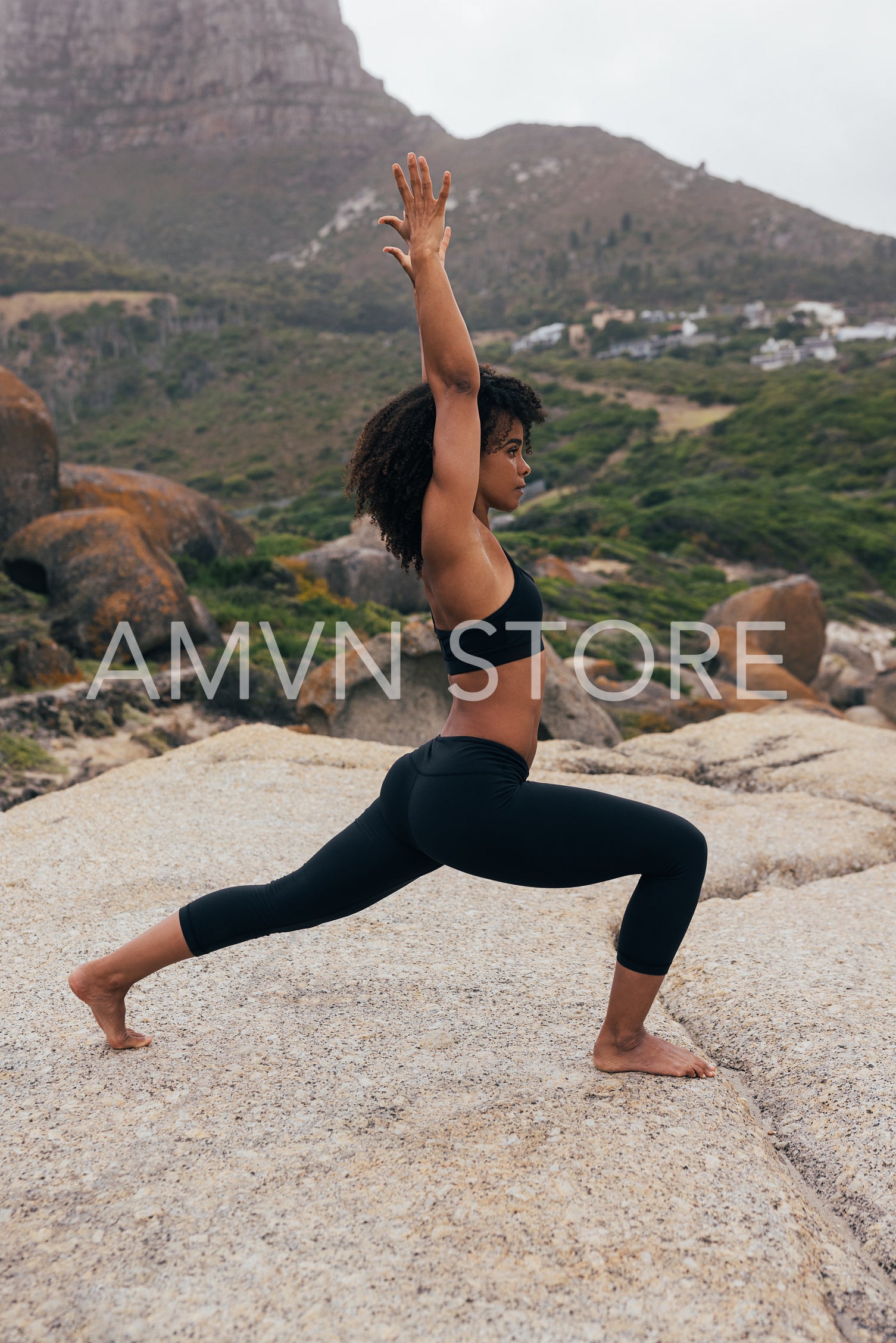 Side view of young barefoot female standing in crescent lunge pose aga –  Artem Varnitsin Store