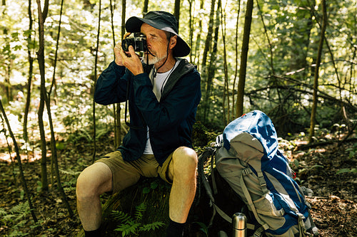 Senior man sitting on tree stump and making photographs on film camera. Male with retro camera and backpack making pictures.