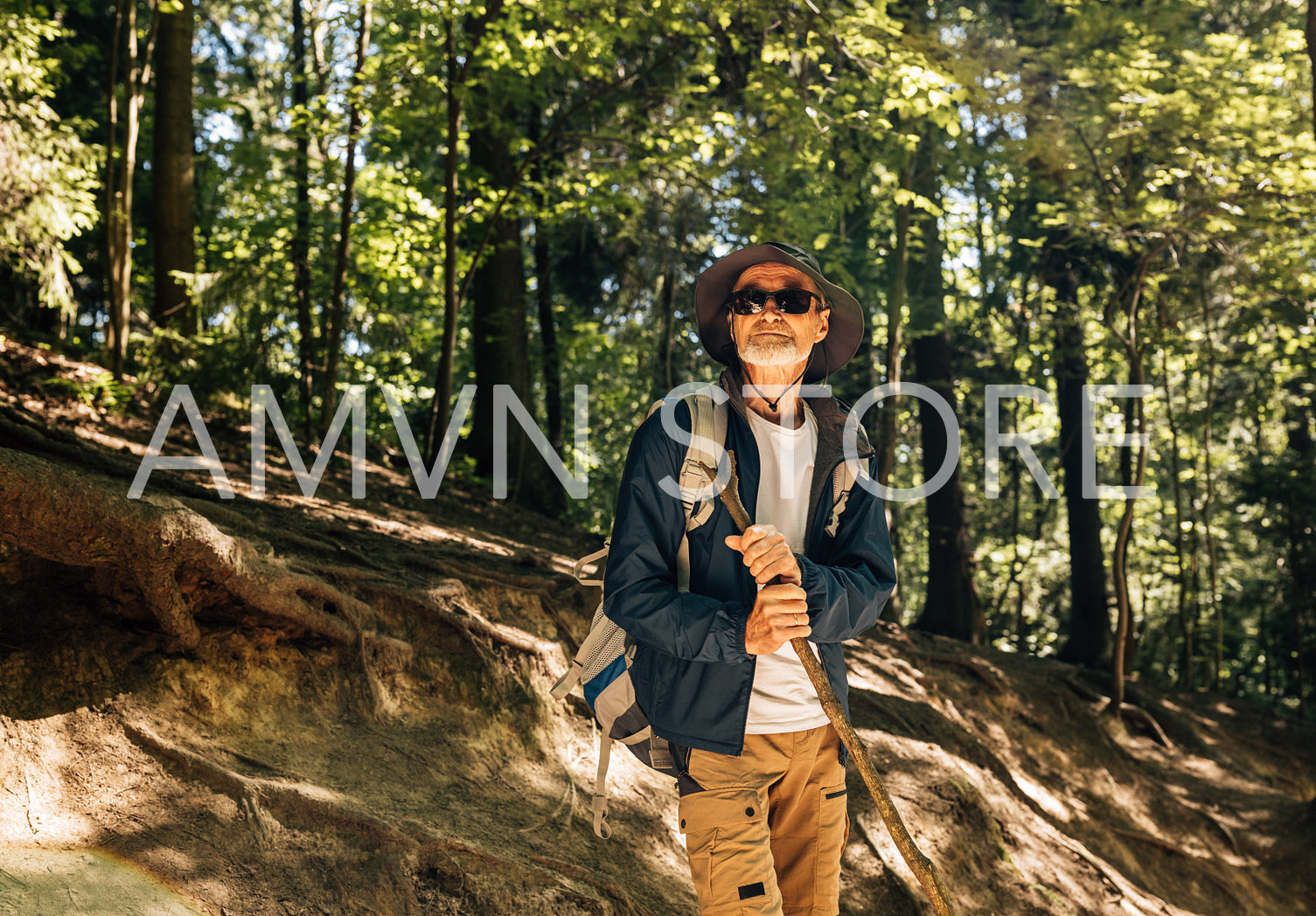 Senior male wearing eyeglasses and hat relaxing and looking away while standing in a forest and holding a wooden stick