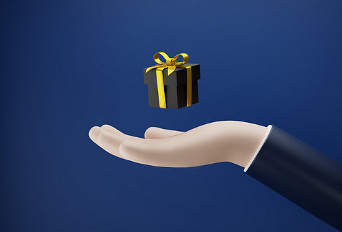 Side view on a black box with gold ribbon above the hand. Human palm with gift box against a blue background, 3d illustration, 3d render