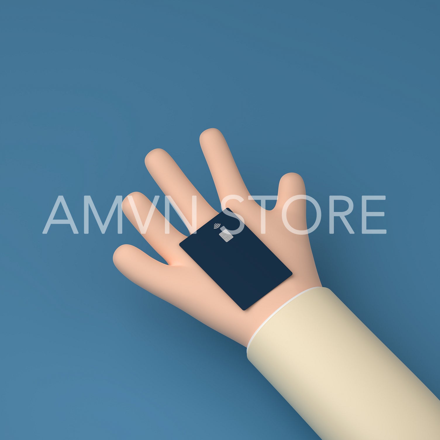 Giving cartoon hand with a credit card. Debit card with NFC chip on a cartoon palm over blue background, 3d render, 3d illustration