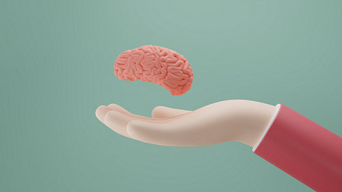 Side view of a palm and a human brain. Human hand holding brain, 3d render, 3d illustration