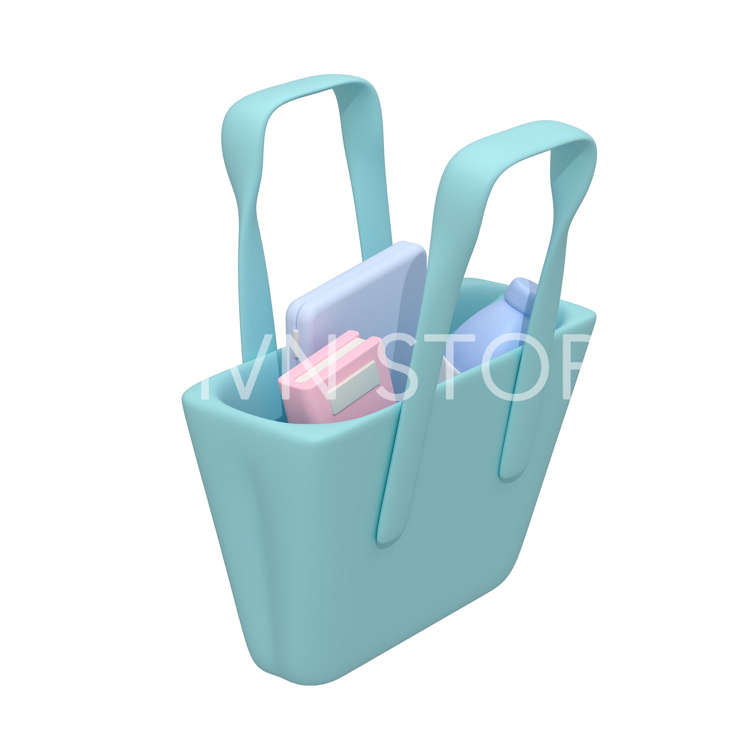 Tote bag with laptop, bottle, and closed book on white background. 3d render  