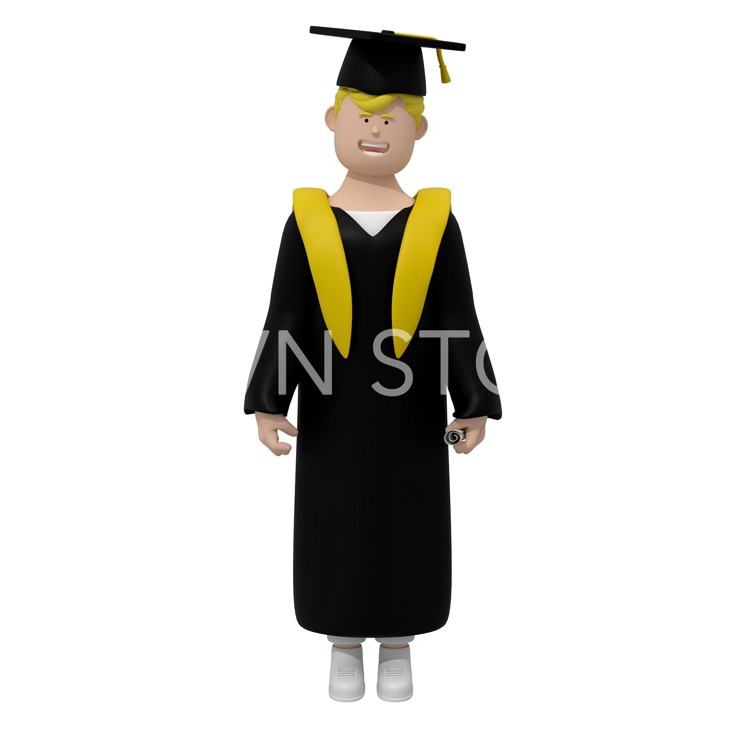 Guy wearing graduation clothes and a hat, holding graduation paper. Сollege graduate on white background, 3d illustration