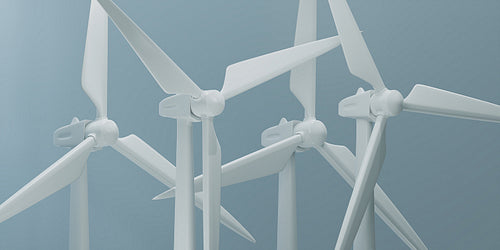 Four wind turbines against grey background, 3D render illustration