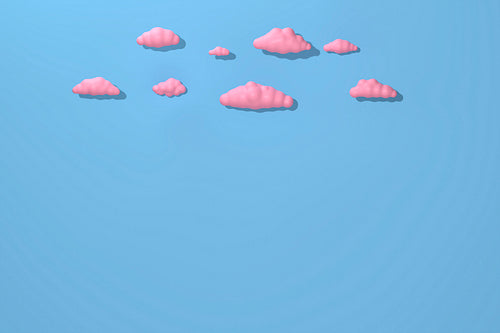 Pink cartoon clouds on blue background, 3d illustration