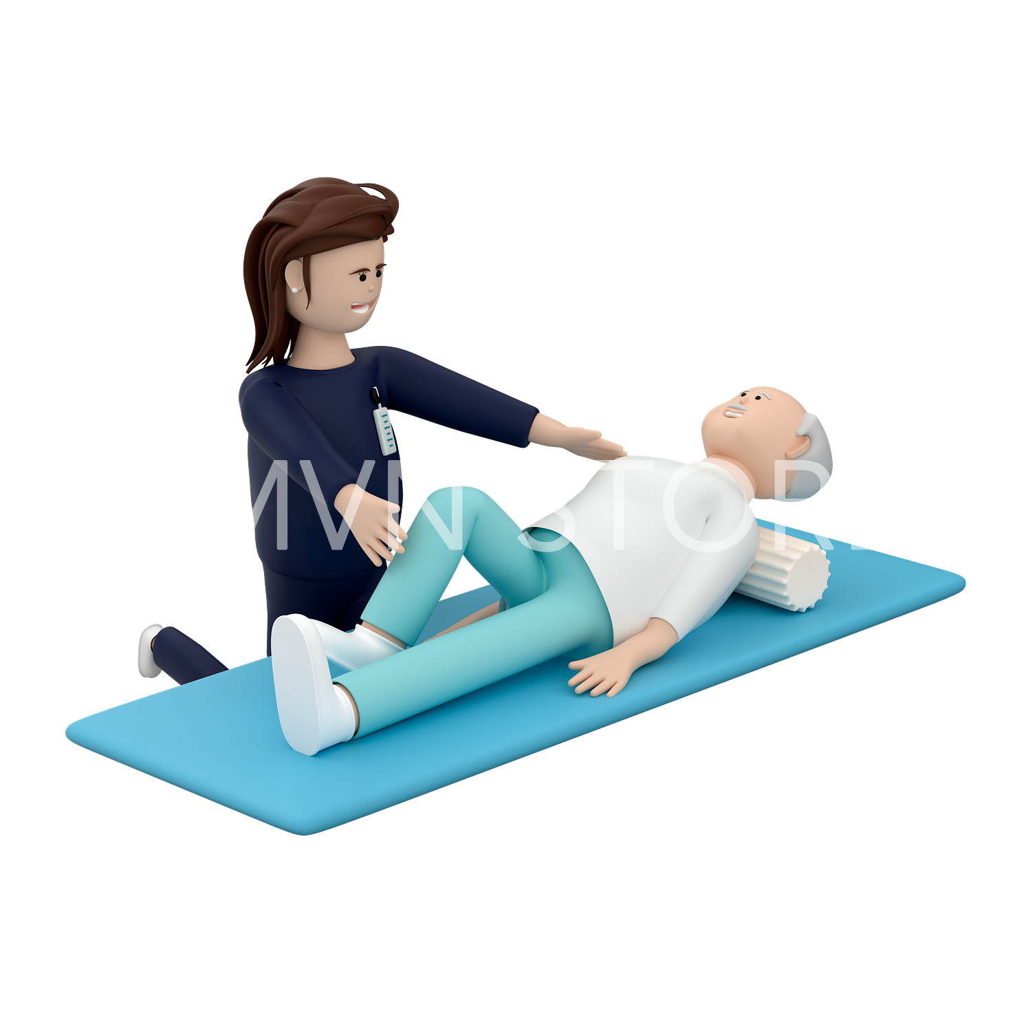 old man rehabilitation lying on mat with roller assist from female doctor.png