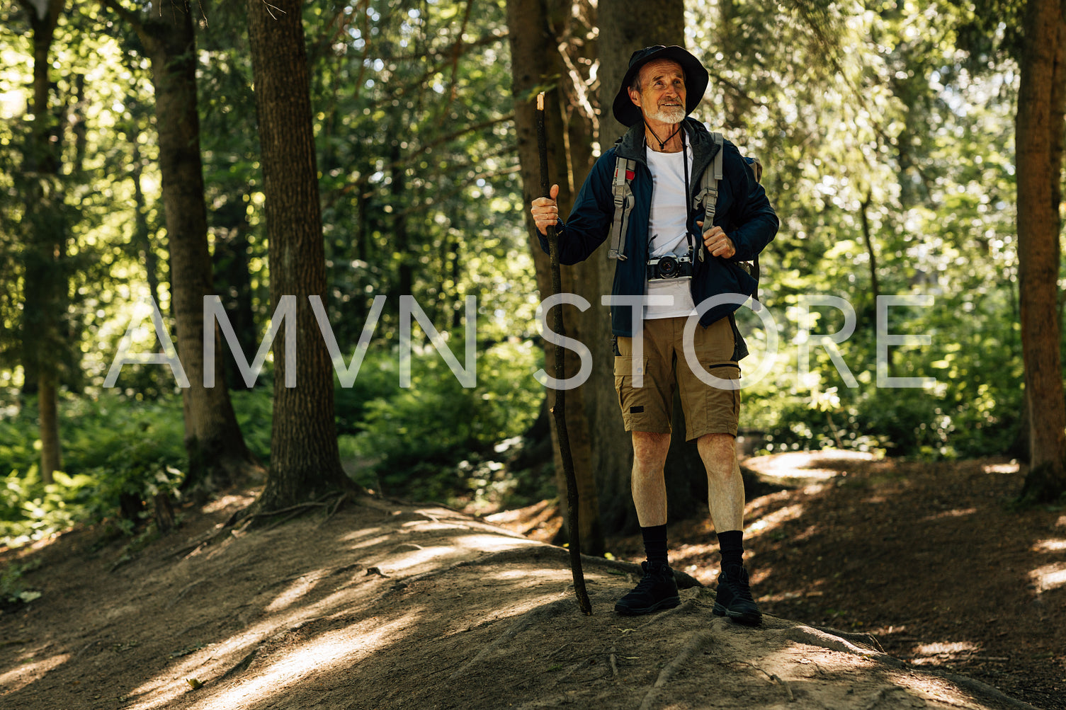 Full length of male in hiking clothes standing in a forest with a wooden stick and looking away