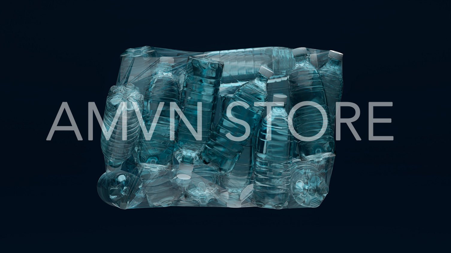 Bunch of plastic water bottles wrapped in a transparent plastic against a blue background, 3d render