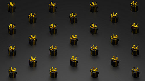 Many black gift boxes with gold ribbon, 3d render, 3d illustration