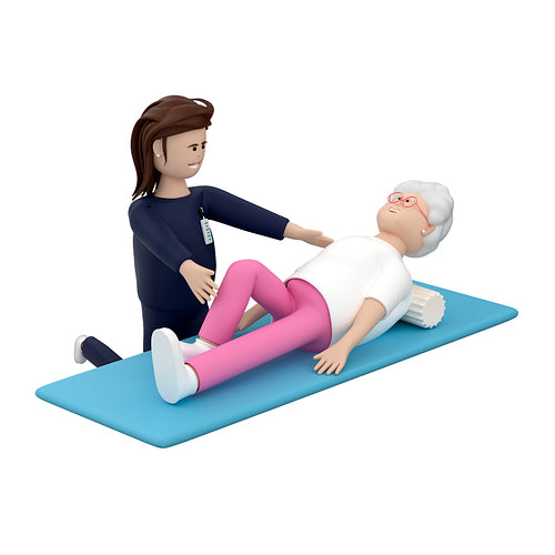 old woman rehabilitation lying on mat with roller assist from female doctor.png