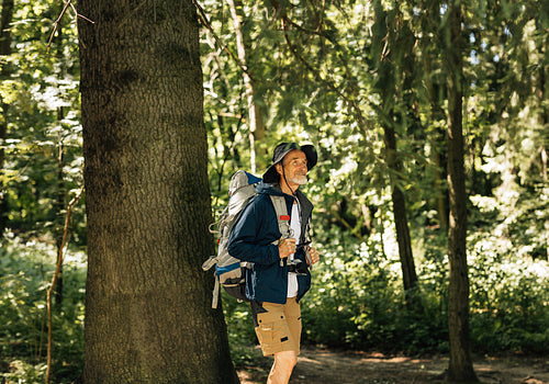 Senior man with backpack and hiking clothes walking in forest. Mature male enjoying the view while walking in forest.