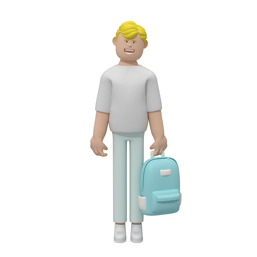 Character of a school guy with a backpack on a white background