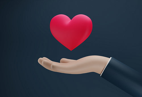 Giving hand with red heart aganinst blue background, 3d render, 3d illustration