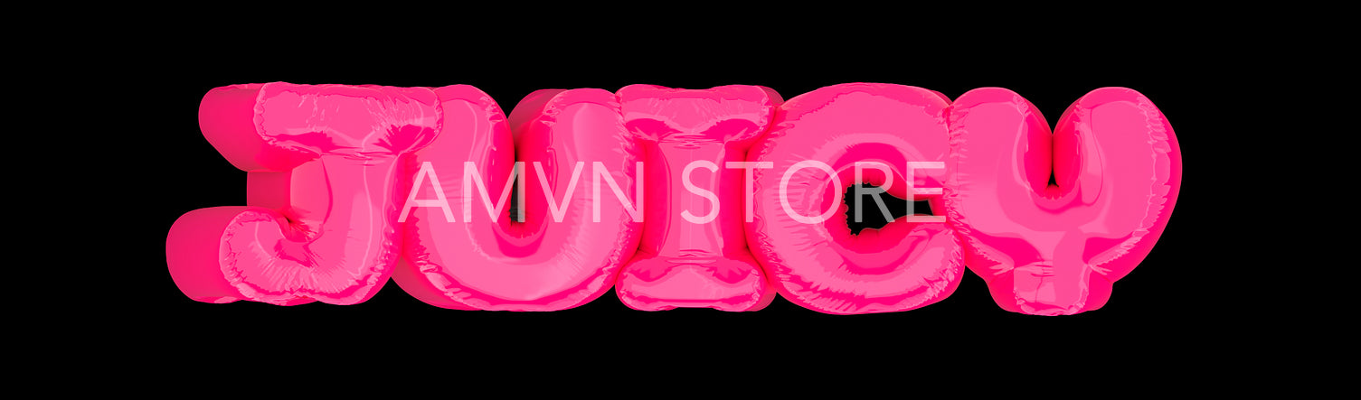 Word "Juicy" with pink color on black background background, 3d illustration