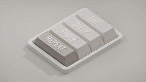 Four buttons on a mini custom keyboard with words "EAT", "SLEEP", "WORK", and "REPEAT", 3d render, 3d illustration