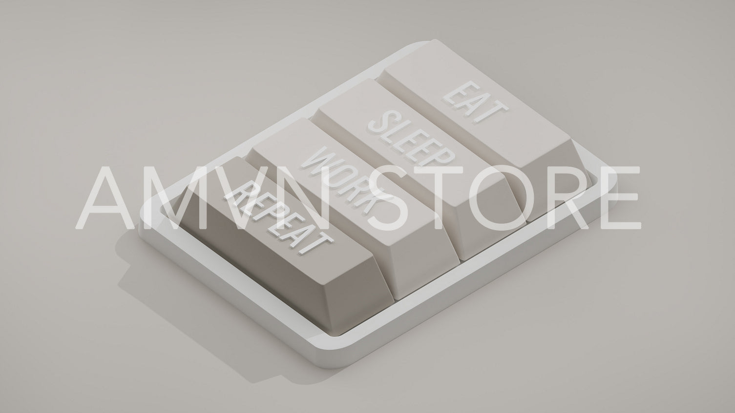 Four buttons on a mini custom keyboard with words "EAT", "SLEEP", "WORK", and "REPEAT", 3d render, 3d illustration