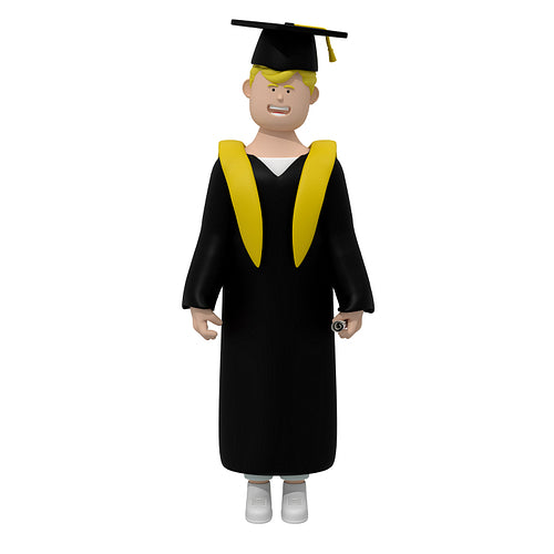 Guy wearing graduation clothes and a hat, holding graduation paper. Сollege graduate on white background, 3d illustration