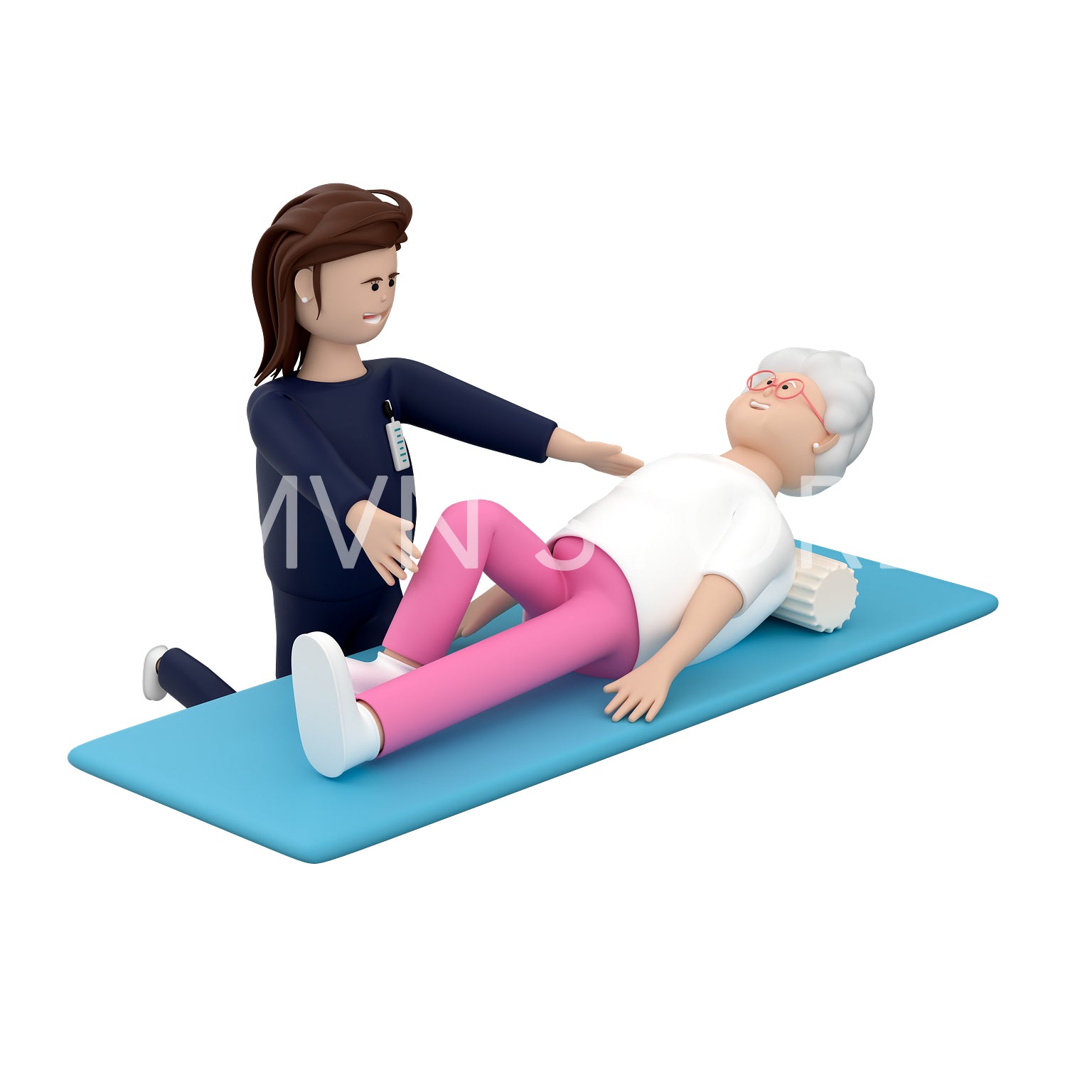 old woman rehabilitation lying on mat with roller assist from female doctor.png