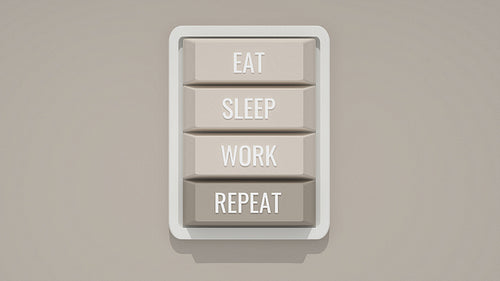 Vertical picture of a four buttons on a mini custom keyboard with words "EAT", "SLEEP", "WORK", and "REPEAT", 3d render, 3d illustration