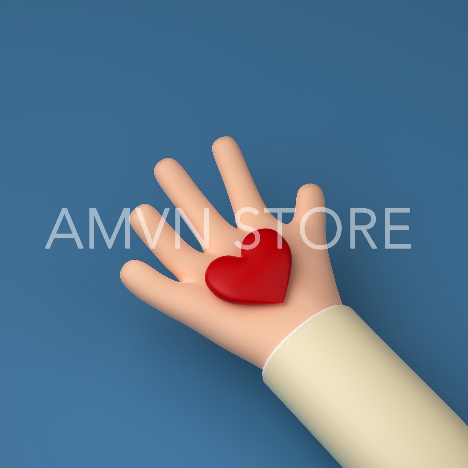 Hand holding a heart. High angle of a cartoon palm with red heart, 3d render, 3d illustration