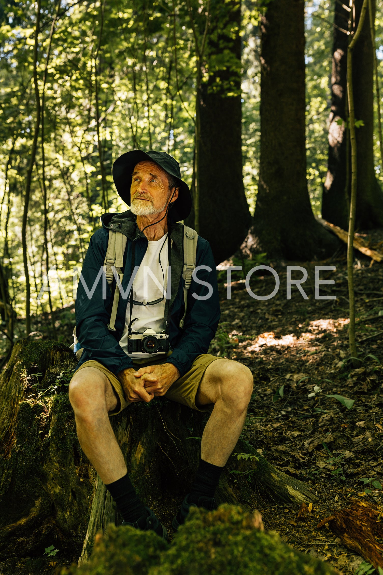 Full-length senior male with a hat, backpack, and hiking clothes sitting in the forest and looking away