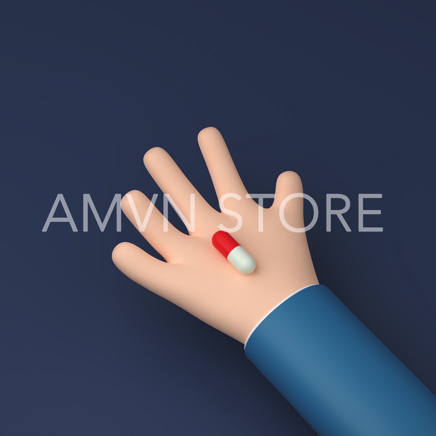 Capsule with a white and red parts on a cartoon hand against blue background, 3d render, 3d illustration