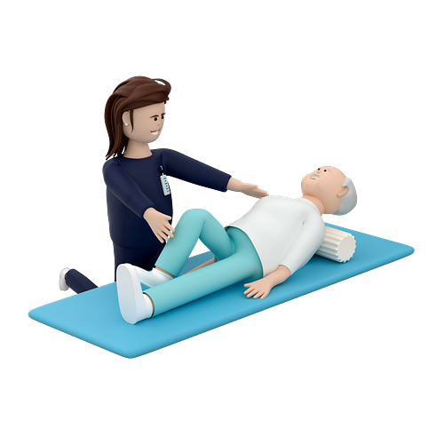 old man rehabilitation lying on mat with roller assist from female doctor.png