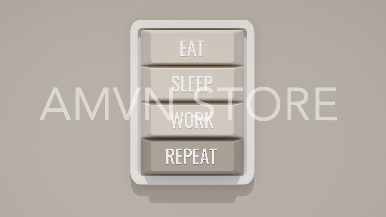 Vertical picture of a four buttons on a mini custom keyboard with words "EAT", "SLEEP", "WORK", and "REPEAT", 3d render, 3d illustration