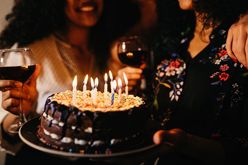 Cropped shot of friends celebrating birthday, holding cake