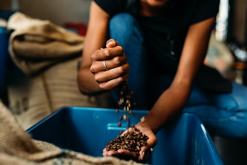 Unrecognizable woman with coffee beans in her hands