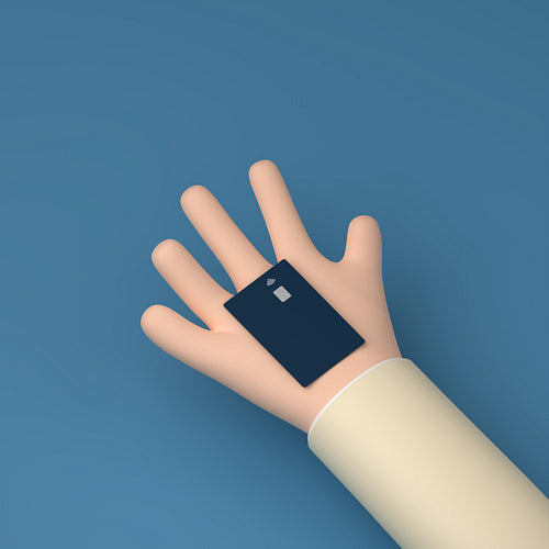 Giving cartoon hand with a credit card. Debit card with NFC chip on a cartoon palm over blue background, 3d render, 3d illustration