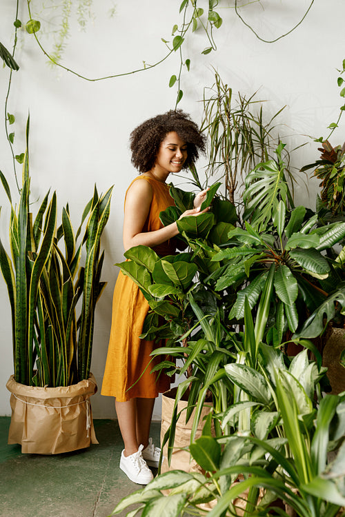 Beautiful woman botanist working at her indoor garden