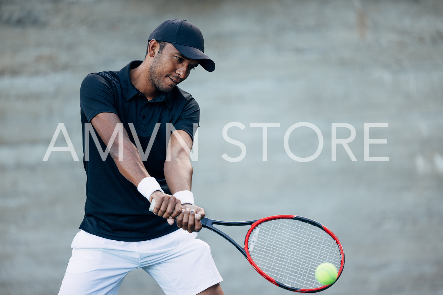 Confident tennis player hitting serve while playing outdoors