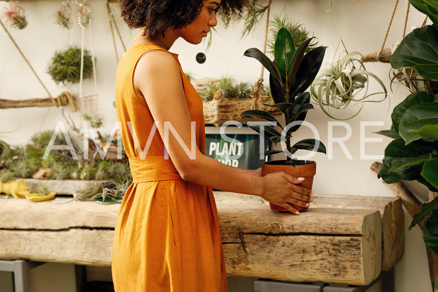 Side view of young woman puts a plant on the table	