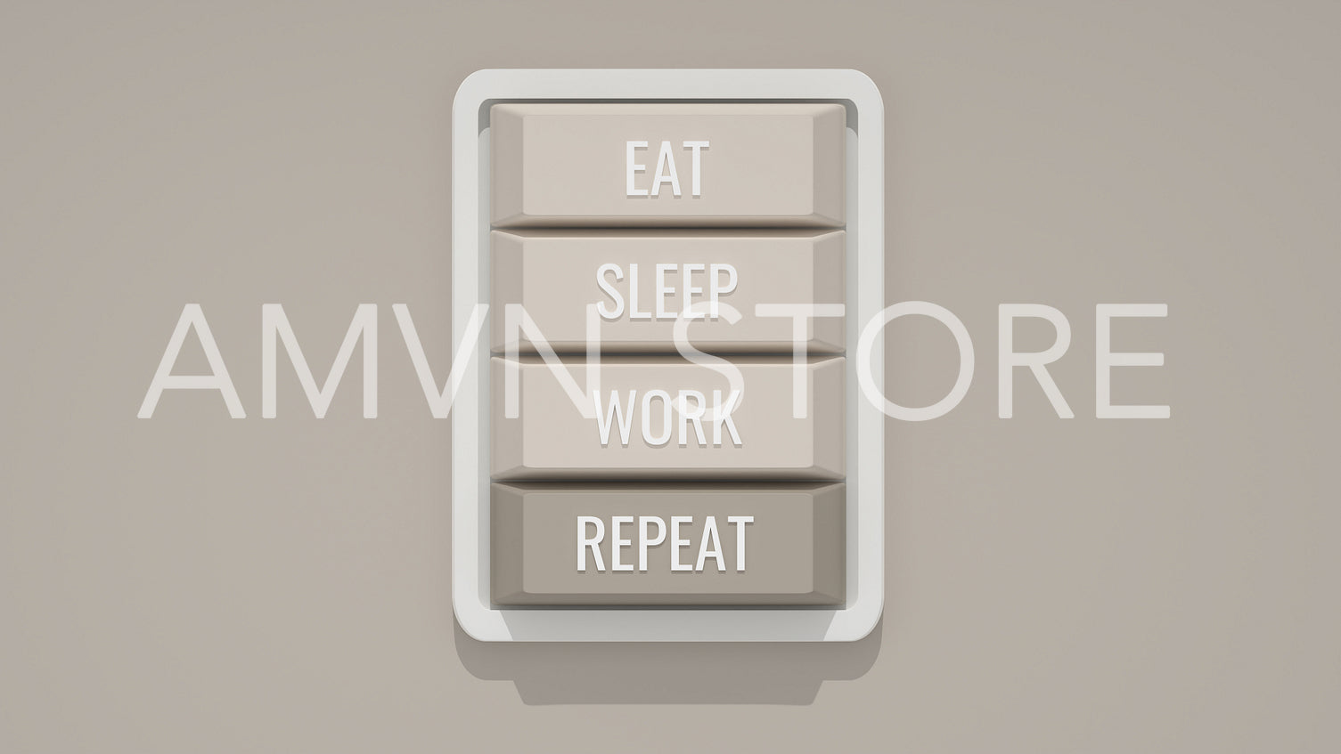 Vertical picture of a four buttons on a mini custom keyboard with words "EAT", "SLEEP", "WORK", and "REPEAT", 3d render, 3d illustration