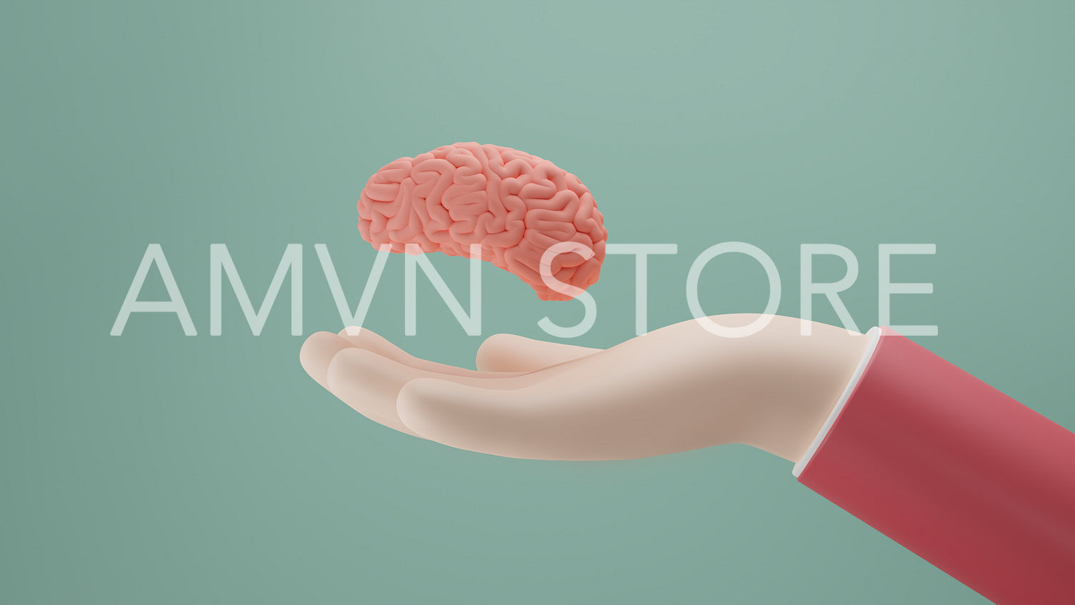 Side view of a palm and a human brain. Human hand holding brain, 3d render, 3d illustration