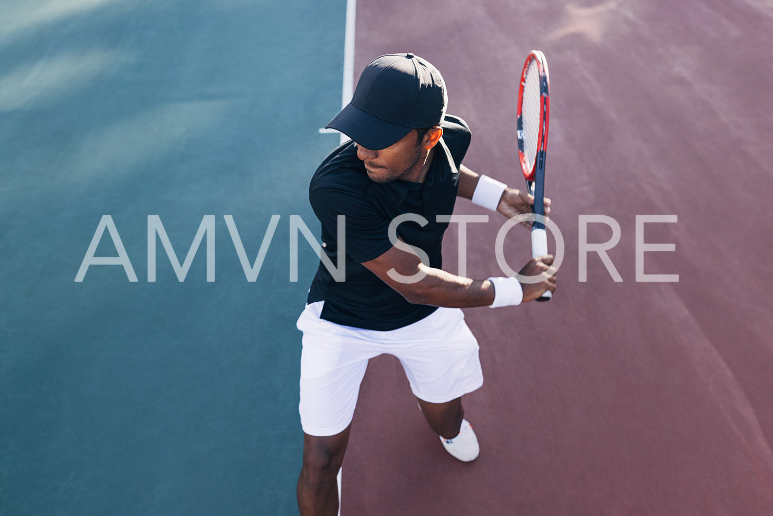 High-angle view of a professional tennis player preparing to hit the ball