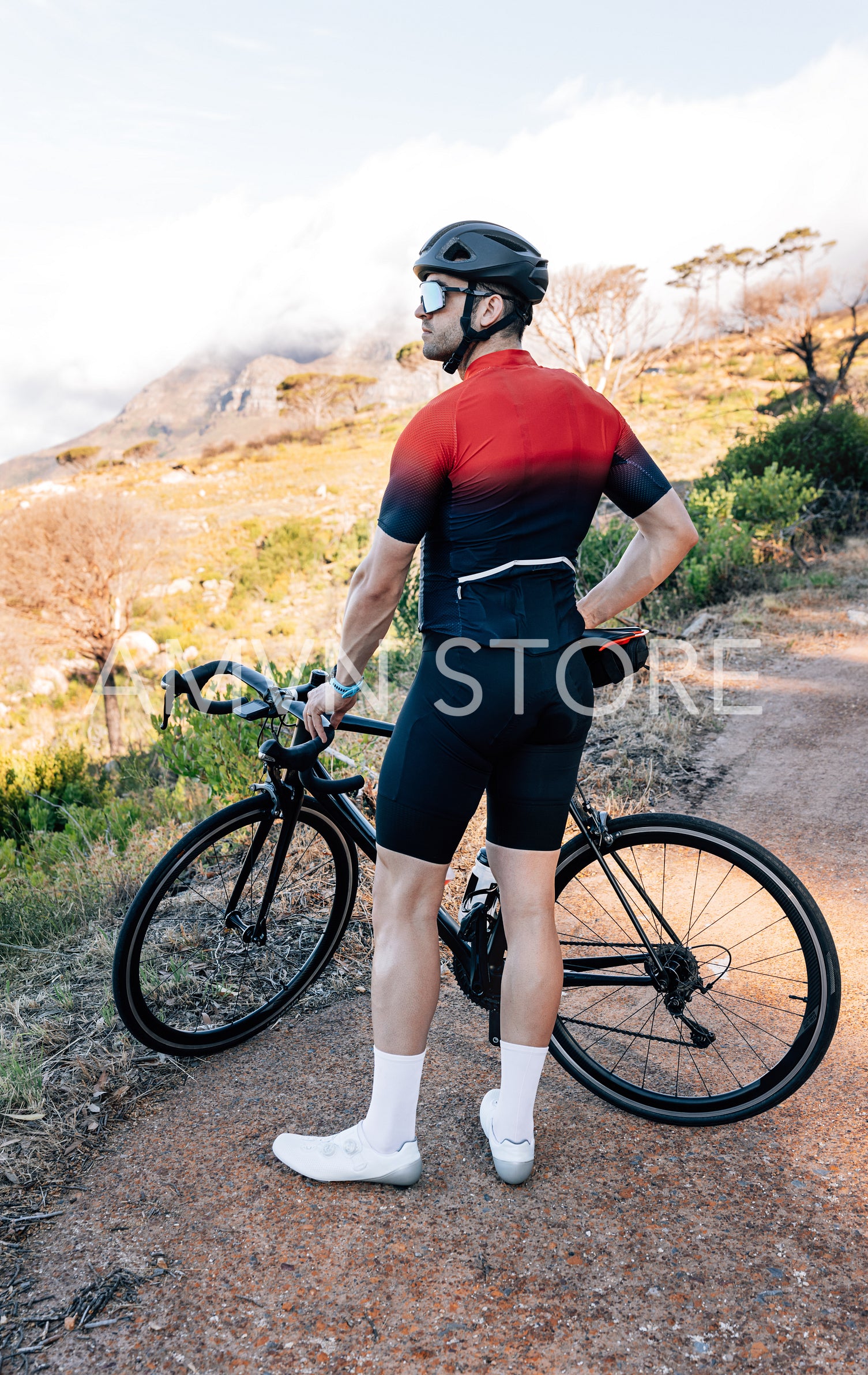 Back view of a cyclist enjoying the view in wild terrain