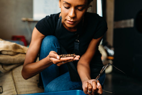 One woman sitting in her cafe, inspecting roasted coffee beans