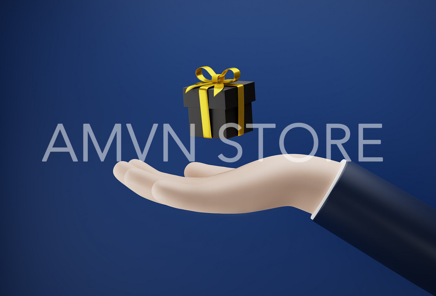 Side view on a black box with gold ribbon above the hand. Human palm with gift box against a blue background, 3d illustration, 3d render