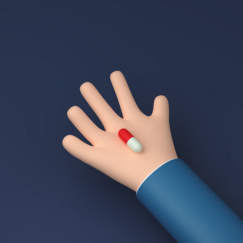 Capsule with a white and red parts on a cartoon hand against blue background, 3d render, 3d illustration