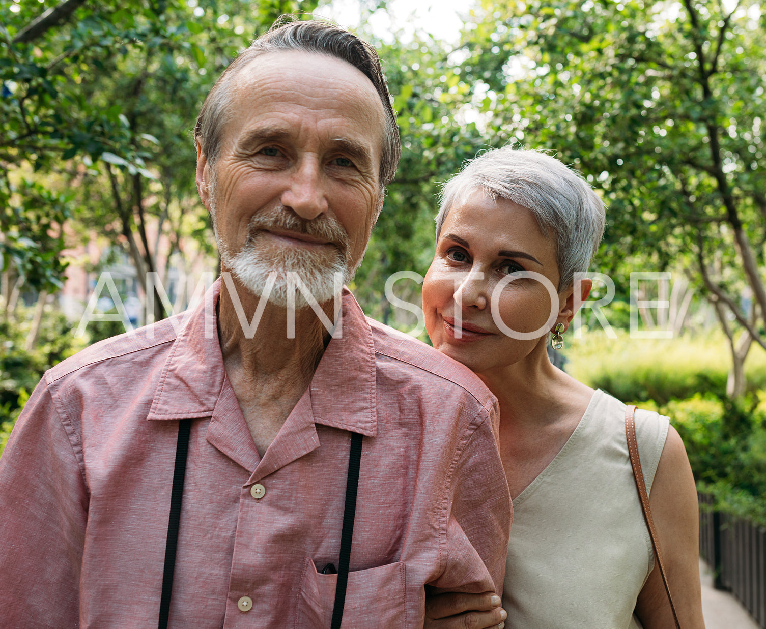 Portrait of an aged couple looking at the camera while standing together in the park