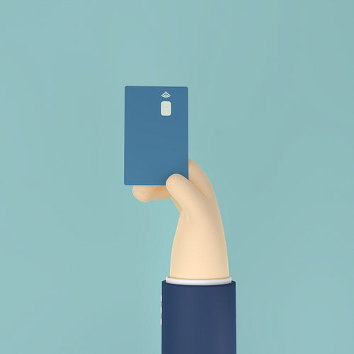 Hand holding a credit card over blue background. Cartoon hand with debit card with NFC chip, 3d render, 3d illustration