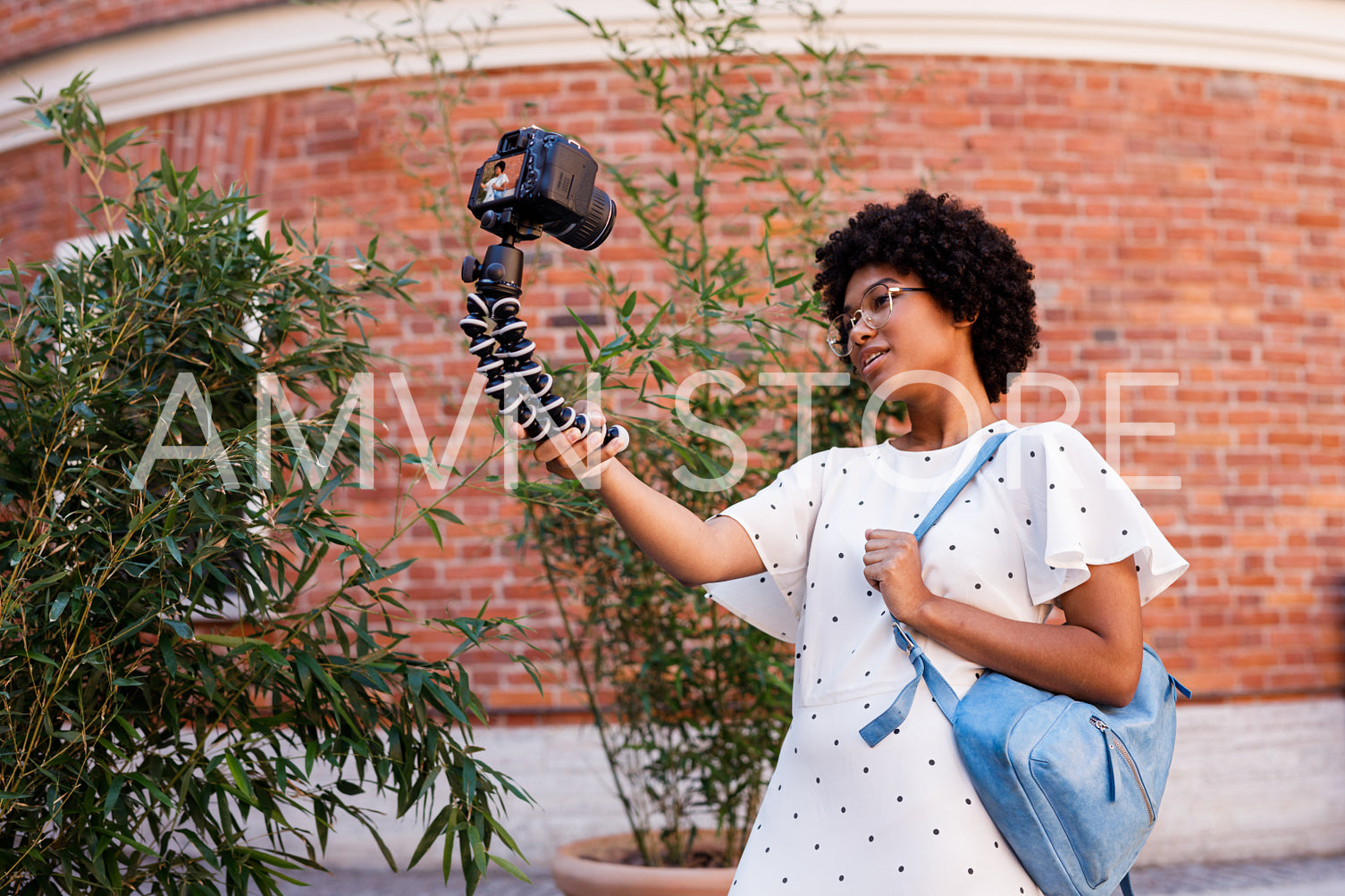 Tourist woman filming content for her blog	