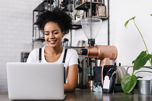 Young female cafe owner working on laptop