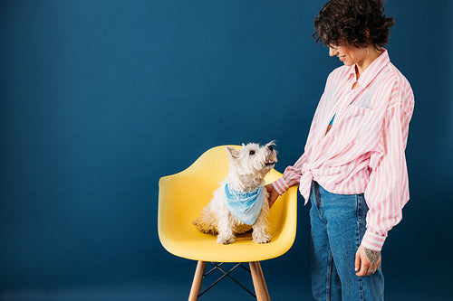 Side view of a smiling woman standing at blue backdrop with her dog who is sitting on yellow chair