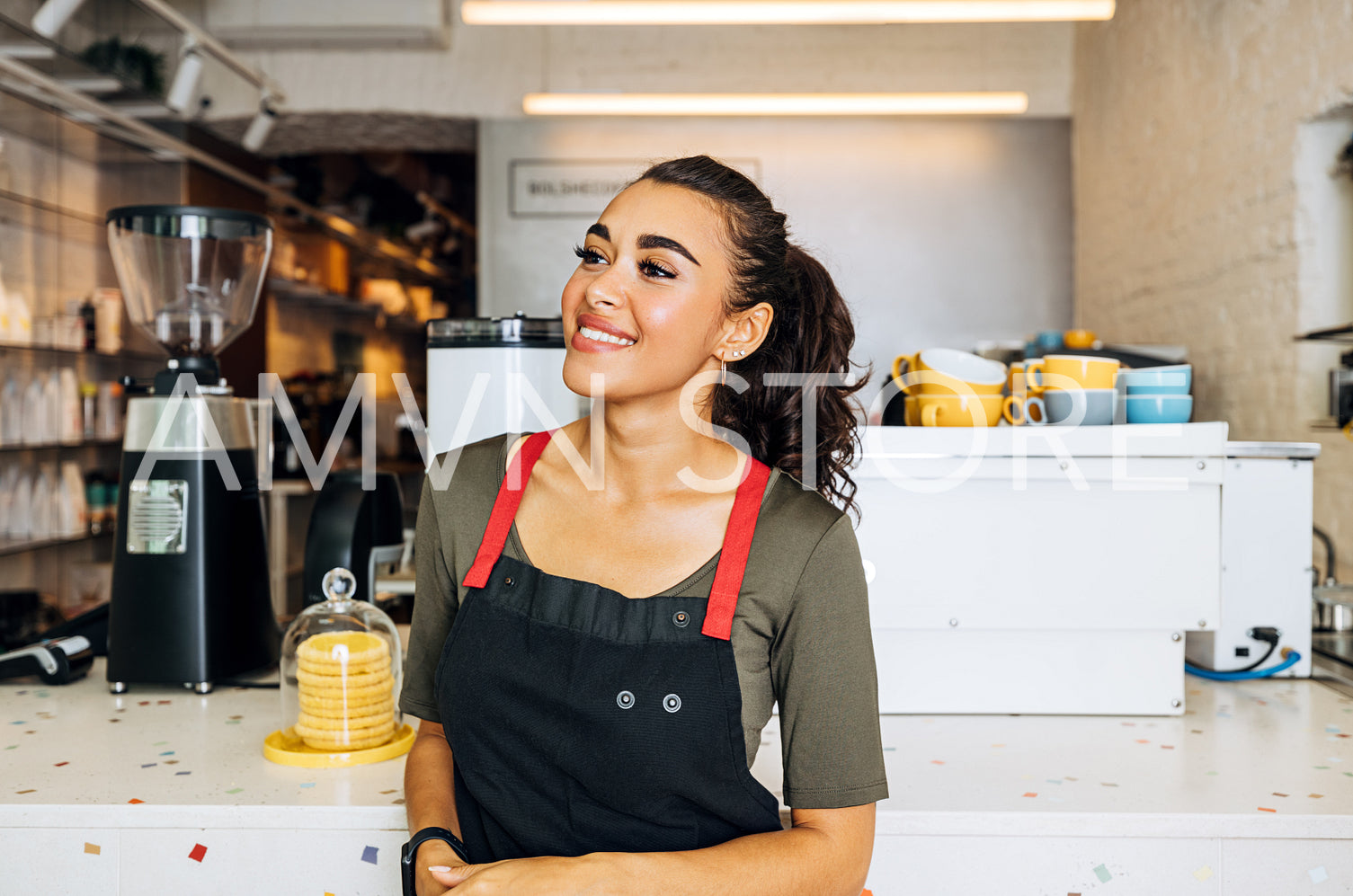 Beautiful smiling waitress standing at counter in coffee shop and looking away	