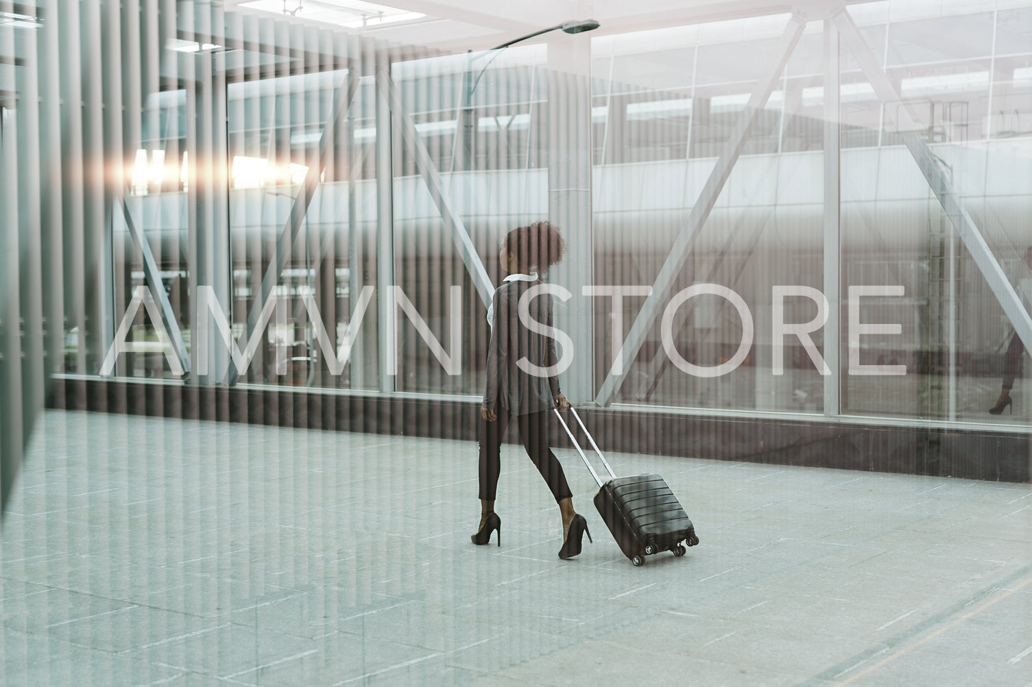 Modern businesswoman pulling her suitcase, back view shot through window	