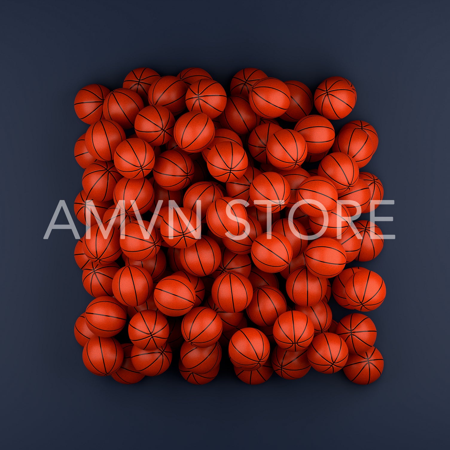 High angle of many basketballs on a blue background